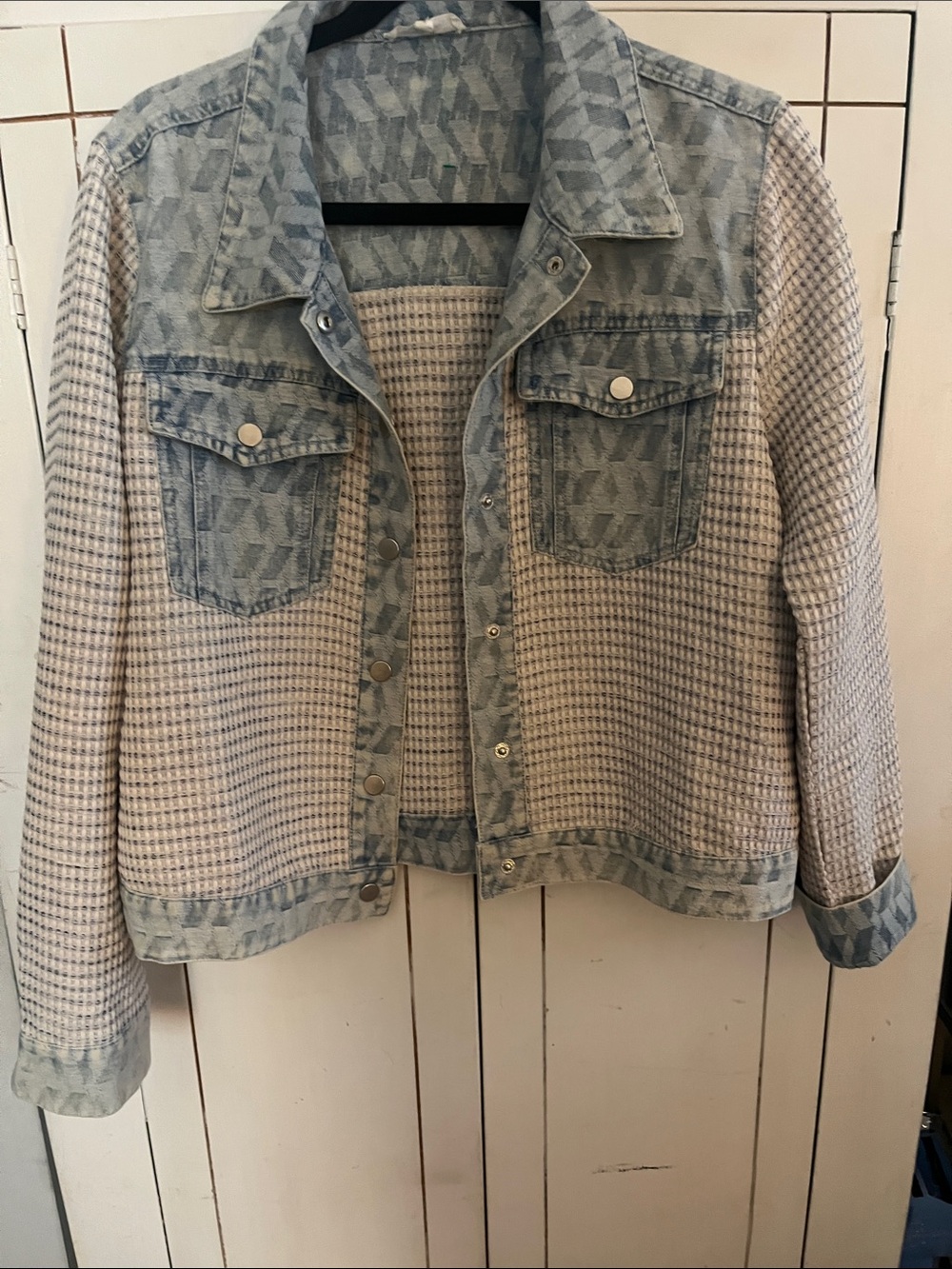 Light Blue Denim-Trim Waffle Knit Women's Jacket